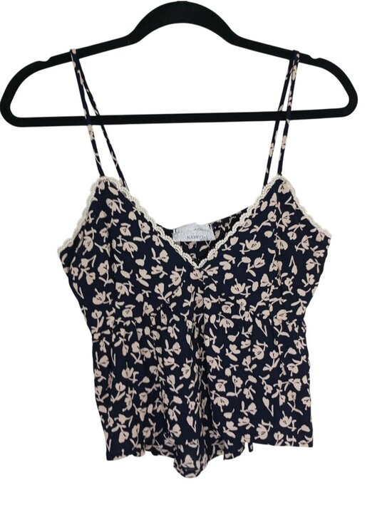 Audrey 3+1 Tops - Audrey 3+1 Womens Navy Floral Print Lace Trim Sleeveless Top Size S